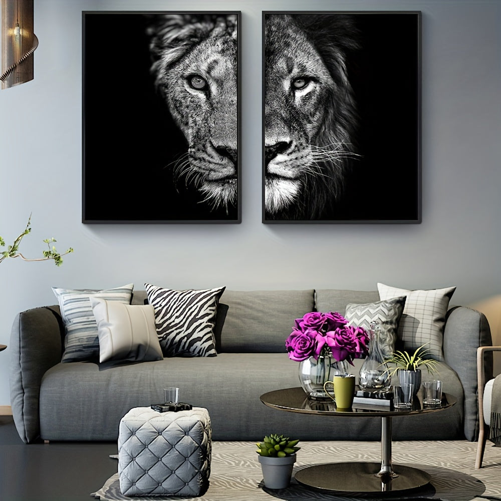 2pcs African Lion Wall Poster - Frameless Canvas Painting for Home Decor - 15.7x23.6in/40cmx60cm - Black and White Design