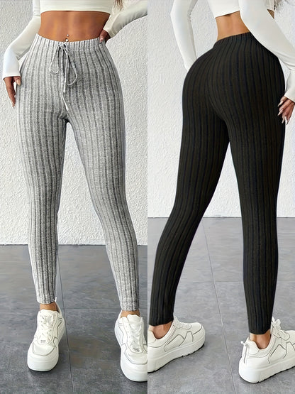 Two-Pack High-Waisted Pants, High Elasticity Solid Color Long Pants for Women, Tummy Control and Body Shaping, Suitable for Daily Wear, Comfortable Women'S Outerwear Leggings, Multi-Pack, Women' Ribbed Two Piece Casual Wide L