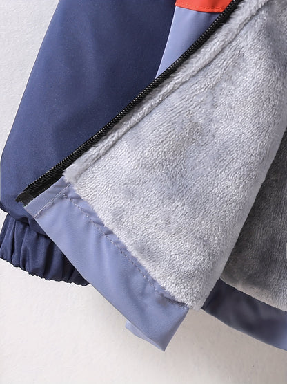 Boys' Casual Hooded Windbreaker Jacket, 100% Polyester, Long Sleeve Raglan Zip-Up Outdoor Coat with Alphabet Pattern, Non-Stretch Fabric, Regular Fit for Fall/Winter - Warm & Windproof