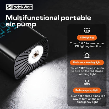 Recomendação: Bomba de ar de alta velocidade de 150 PSI com visor digital inteligente e luz de emergência para reparação de pneus. Adequada para encher carros, motas, bicicletas e diversos tipos de bolas. Versão preta obsidiana.