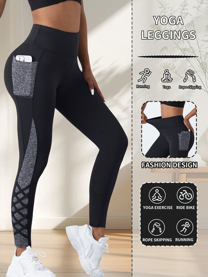 Women's High-Waisted Yoga Pants - Non-See-Through Workout Leggings with Side Pocket, Stretchy Gym Running Pants for Pilates, Cycling, Everyday - Machine Washable Athletic Bottoms (Black/Blue)