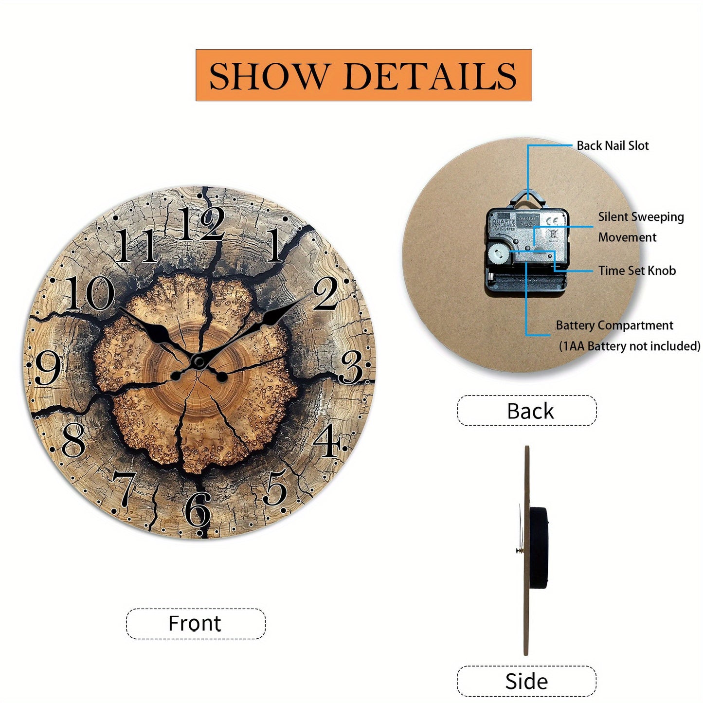 1pc Fantasy Style Analog Wall Clock, Tree Stump Pattern Non-Ticking Clock, Suitable for Living Room, Bedroom, Dining Room Wall Decoration, Ideal Birthday, Easter, New Year Gift, AA Battery Powered (Not Included)