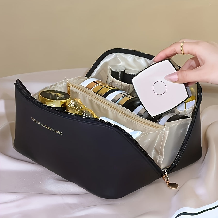 1pc Fashionable Artificial Leather Makeup Bag, Portable Travel Cosmetic Organizer with Handle, Large Capacity Toiletry Storage Pouch, Ideal for Christmas, Halloween, Thanksgiving Gift - No Fragrance