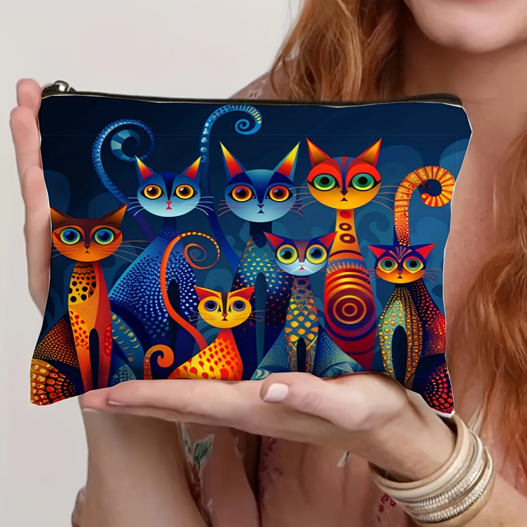 Colorful Cat Design Makeup Bag with Zipper - Lightweight, Foldable Travel Cosmetic Pouch & Toiletry Organizer - Ideal Gift for Women, Teachers, and Friends - Casual Style, Easy to Clean, Travel Makeup Bag|Whimsical Cat Design