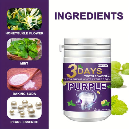 BHATCYK 3 Days Purple Teeth Whitening Powder, Fresh Mint Flavor, 80ml/2.71oz, Teeth Polishing and Deep Cleaning Powder for Brighter Smile, Suitable for Daily Use and Travel