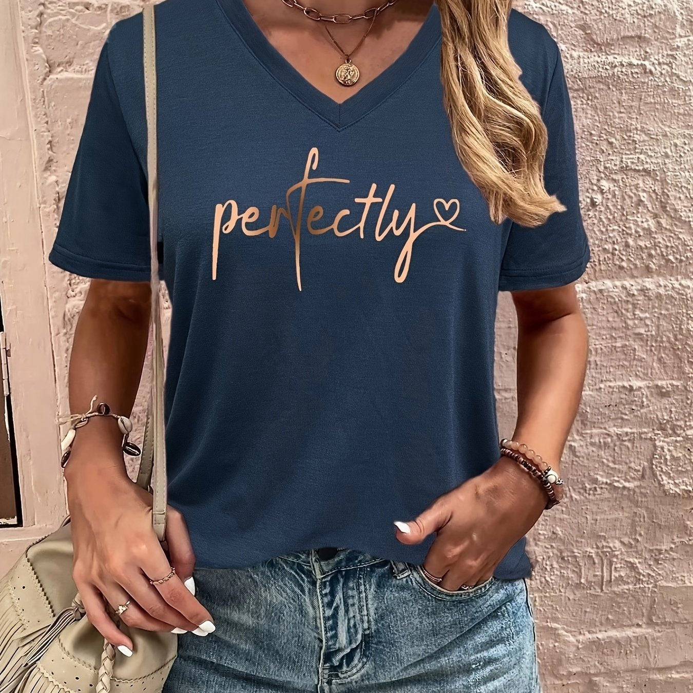 Perfectly Letter Print T-shirt, Casual V Neck Short Sleeve T-shirt, Women's Clothing