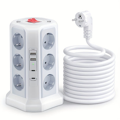 EU Multifunctional Power Tower Plug with 2 USB A Ports And 2 USB C Ports, HAFINO Triple 12-position Multi-socket Power Strip with PD 20W Fast Charging (4000W 16A) for Home And Office Scenarios
