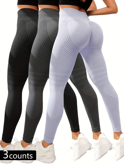 3-Pack Women'S High-Waisted Sports Leggings, Striped Yoga Pants with Hip Lift, Stretchy Knit Fabric, Polyamide 90% Elastane 10%, All-Season Skinny Tights for Fitness & Running, 280g/m²