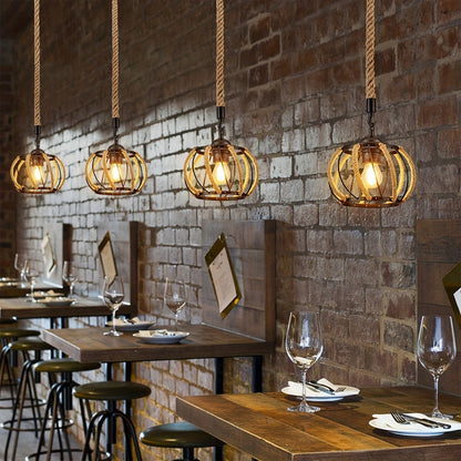 1pc Hemp Rope Chandelier, Industrial Black Metal Cage Shade Hemp Rope Hanging Lamp, Adjustable E26 Chandelier Lighting Kit For Cafe Kitchen Living Room Warehouse Bar (Not Include Bulb)