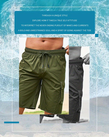 Men's Quick-Dry Swim Shorts with Adjustable Drawstring Waist & Pockets - Sporty Solid Black Beach Shorts for Swimming, Surfing, Water Sports - Machine Washable Regular Fit, Swimming Gear | Sleek Construction