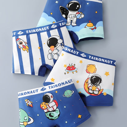 4pcs Boys' Boxer Briefs - Soft Stretchy Underwear with Cute Cartoon Astronaut & Space-Themed Designs, Breathable All-Season Comfort, Regular Fit for Youngsters & Youngsters, Youngsters Underwear, Playful Youngsters' Apparel,