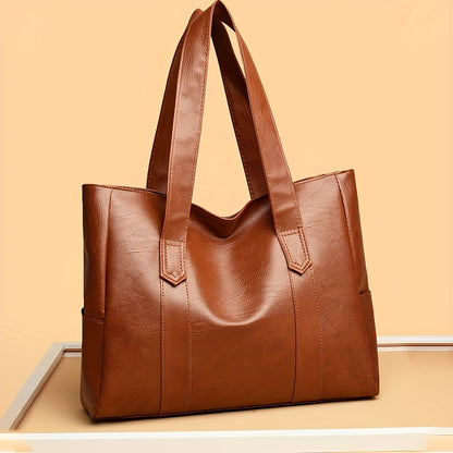 1pc Elegant Women's Shoulder Tote Bag - Large Capacity Durable PU with Zipper Closure, Double Handles & Polyester Lining, Deep Brown/Black - Perfect for Work,, Travel - Ideal Gift for Students & Professionals, Work Handbag, S