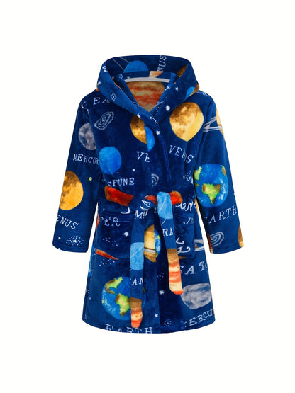 Kids Flannel Bathrobes Boys Hoodie Robes Soft Astronaut Planet Print Sleepwear Kids Clothes