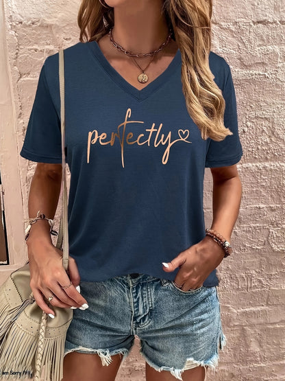 Perfectly Letter Print T-shirt, Casual V Neck Short Sleeve T-shirt, Women's Clothing