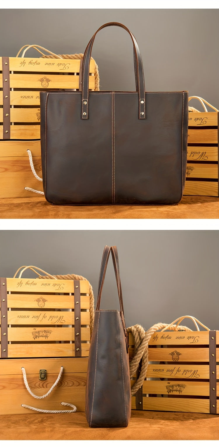 NIUCUNZH Men's Vintage Genuine Leather Tote Bag, Top Layer Cowhide, Large Capacity Shoulder Bag for Going Out, Briefcase Style Handbag, Maintenance Free