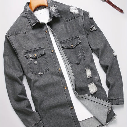 Men's Trendy Ripped Design Casual Button Up Long Sleeve Denim Shirt, Men's Clothes For Spring Summer Autumn, Tops For Men