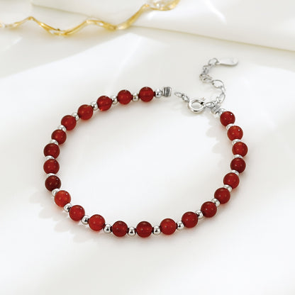 Pure Silvery Material Versatile Round Bead Red Agate Bracelet