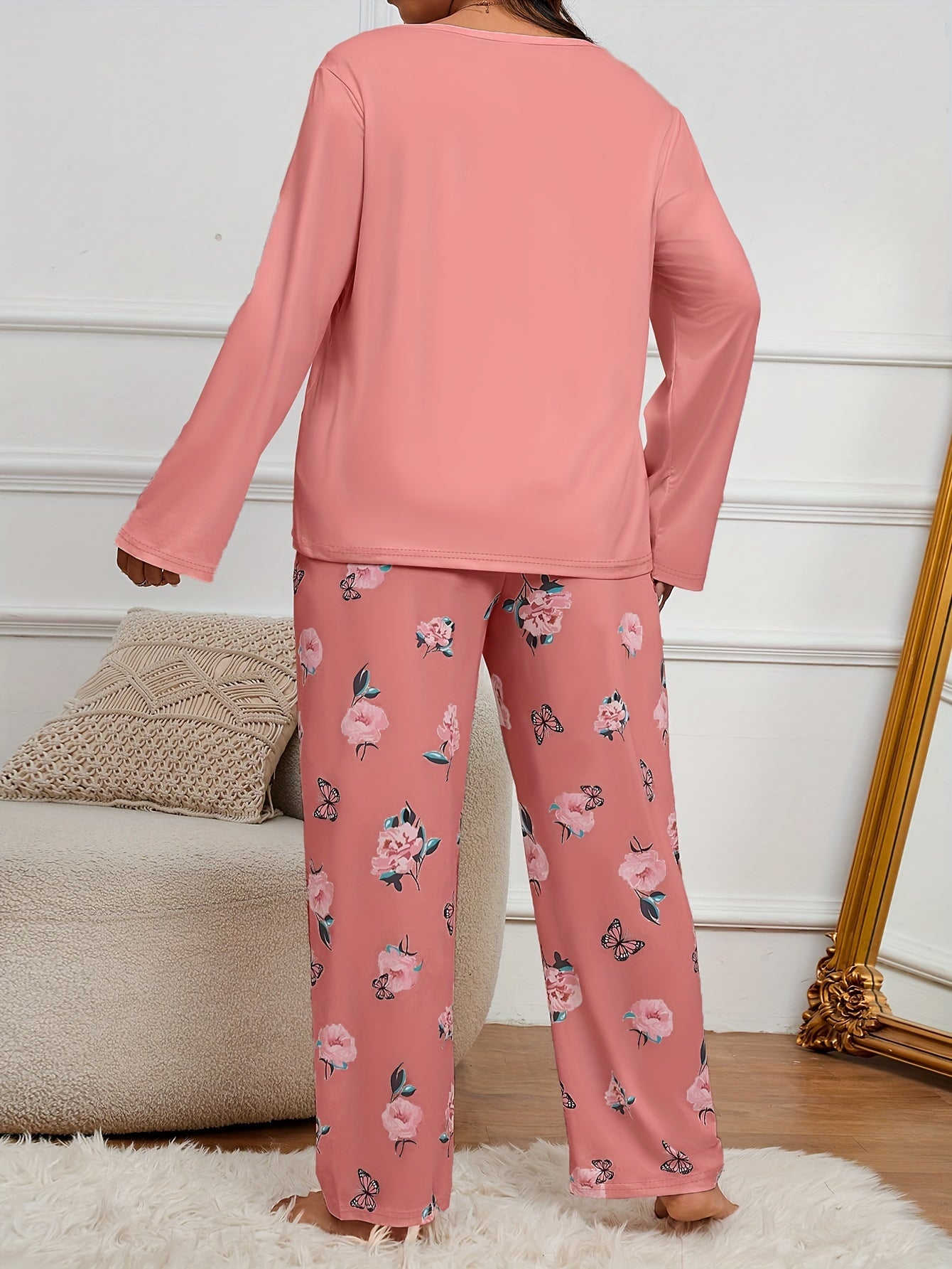 Adult Butterfly Print Pajama Set - Casual Spring/Fall Polyester Knit Fabric, Elasticity, Long Sleeve Pants, Home Pajama Set for Adults