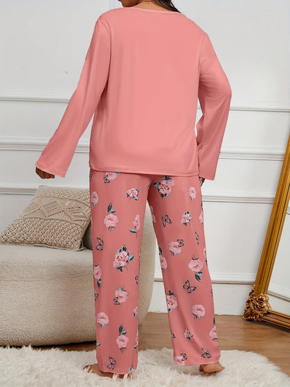 Adult Butterfly Print Pajama Set - Casual Spring/Fall Polyester Knit Fabric, Elasticity, Long Sleeve Pants, Home Pajama Set for Adults