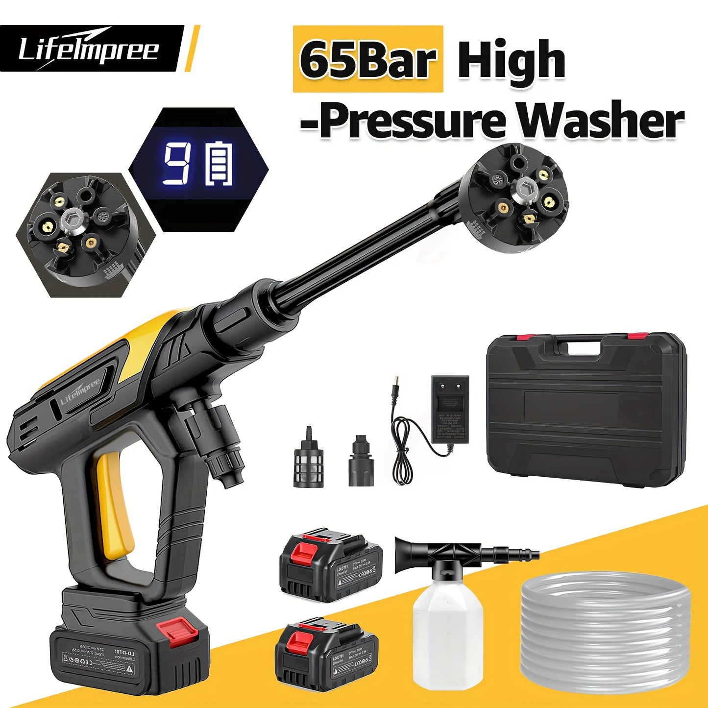 Lavadora de Alta Pressão Sem Fios 7MAGIC 6 em 1 com 2 Baterias e Caixa de Ferramentas - Recarregável, 100-240V, Plástico Durável, Multifunções para Manutenção de Relvados e Jardins, Pistola de Lavadora de Alta Pressão Sem Fios, Fácil de Usar