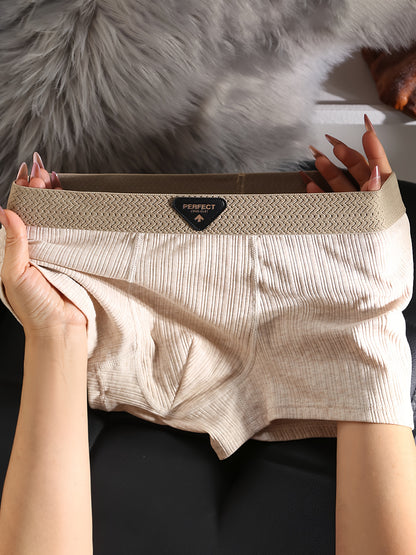 4pcs Men's Cotton Boxer Briefs - Breathable Soft Underwear with Elastic Waistband & Geometric Pattern, Multi-Color (Beige/Navy/Dark Grey/Light Brown) - Plus Size Youth & Adult Casual & Running Shorts - Machine Washable Light