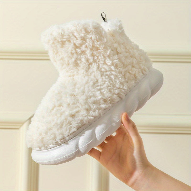 Women's Solid Color Fuzzy Slippers, High-top Round Toe Non-slip Thick Bottom Fluffy Warm Shoes, Winter Cozy Indoor Shoes