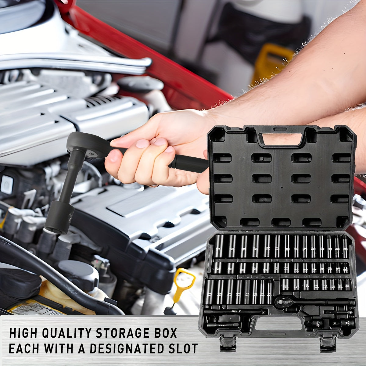 3/8" Drive Impact Socket Set, 6 Point 50pcs Standard Metric (8-22mm) & SAE (5/16-3/4-Inch) CR-V Steel Sockets with Adapters & Ratchet Handle, Nice Gifts