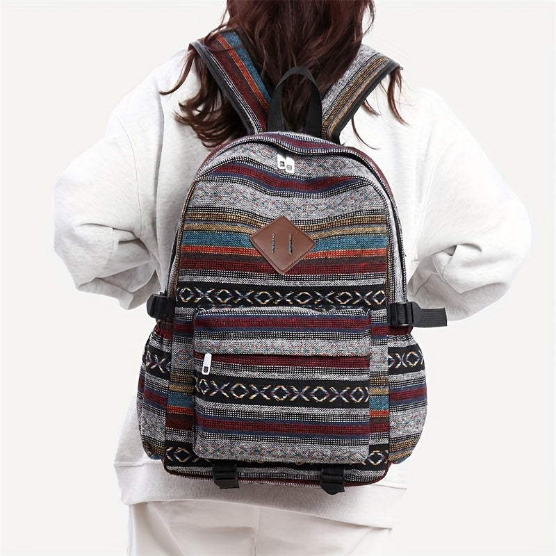 2025 vintage style backpack with adjustable straps, multiple compartments in brown, red, blue, and gray, large capacity travel and vacation backpack, travel backpack