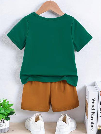 2pcs Set of Boys' Summer Striped Print Round Neck Short Sleeve T-shirt and Casual Shorts
