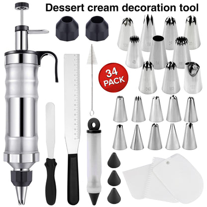 High-Quality Stainless Steel Icing Cream Decorating Kit, 34pcs Cake Decorating Tools Set with 10 Medium Nozzles and 10 Small Nozzles, Including a Graduated Smoothing Scraper, Silicone Writing Pen, Fondant Comb, Cupcake Fillin