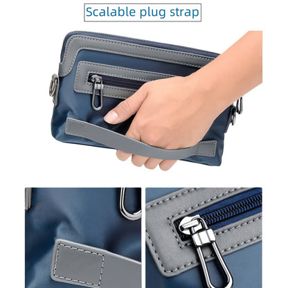 Men's Luxury Multi-Functional Handbag & Wallet in One - Dark Navy Blue/Black with Golden-Tone Hardware, Soft Silky Texture, Golden-Tone Hardware, Zipper Closure & Detachable Strap - Travel, Commute, Formal & Everyday Use - Id