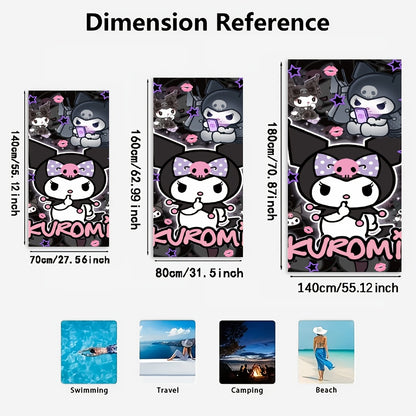 1pc Kuromi Microfiber Beach Towel - Quick-Dry, Absorbent, Oversized Bath Towel with Fun Cartoon Design, Black Background with Pink Accents, Perfect for Beach, Pool, or Spa Days