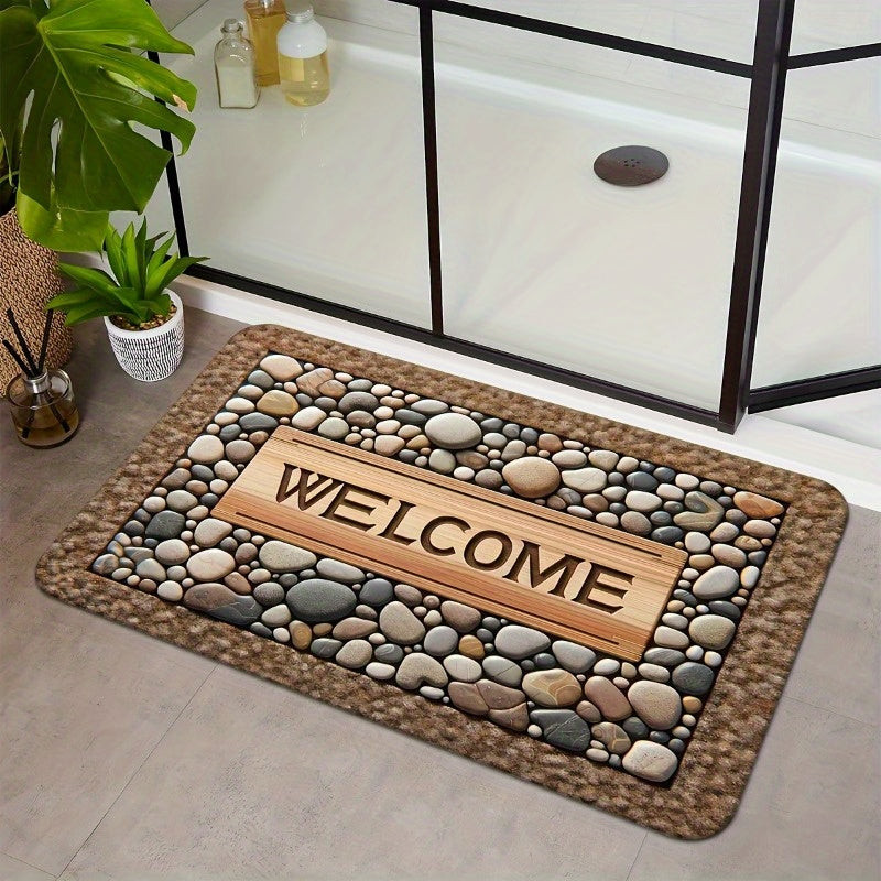 2D Welcome Home Non-Slip Door Mat - Durable, Machine Washable Mat with Stone Pattern & Wood Texture Design - Perfect for Farmhouse Decor, All-Season Use, Polyester Material, Welcoming Entrance Mat | Natural Look Mat | Wooden