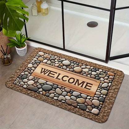2D Welcome Home Non-Slip Door Mat - Durable, Machine Washable Mat with Stone Pattern & Wood Texture Design - Perfect for Farmhouse Decor, All-Season Use, Polyester Material, Welcoming Entrance Mat | Natural Look Mat | Wooden