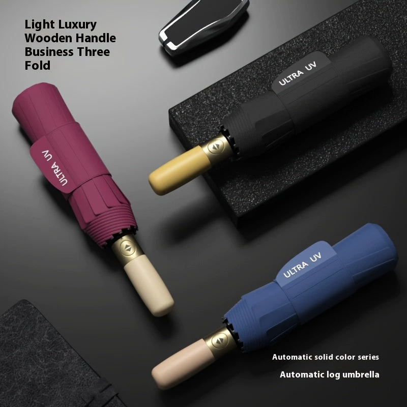 Automatic Open/Close Heavy-Duty 12-Rib Windproof Umbrella with Solid Wood Handle (Birch/Beech) - Large Canopy All-Weather Windproof & Folding Umbrella for Men &, Business, Travel - Automatic Solid Color (Maroon/Black/Navy