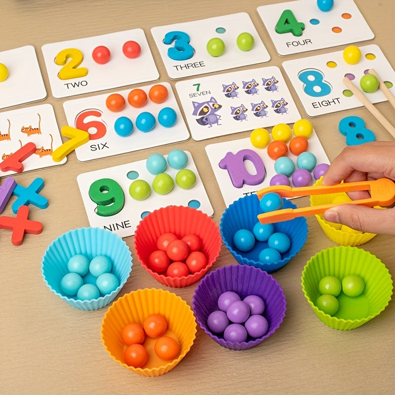 Wooden Number Counting Game for - Educational Preschool Math Learning Toy with Colorful Beads, Matching Cards and Clipping Tweezers for Cognitive Skills Development, Age 3+