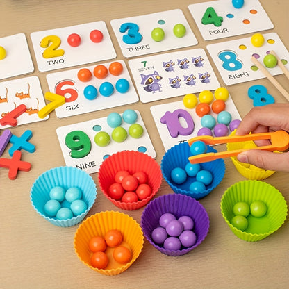 Wooden Number Counting Game for - Educational Preschool Math Learning Toy with Colorful Beads, Matching Cards and Clipping Tweezers for Cognitive Skills Development, Age 3+
