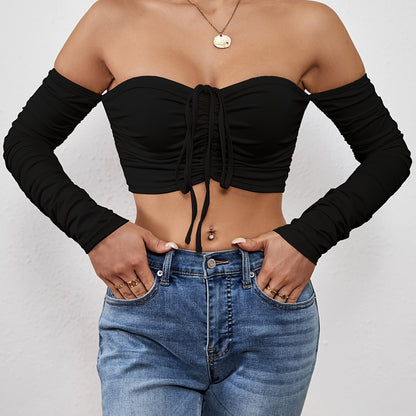 Off Shoulder Ruched T-shirt, Sexy Cropped Drawstring Long Sleeve T-shirt, Women's Clothing