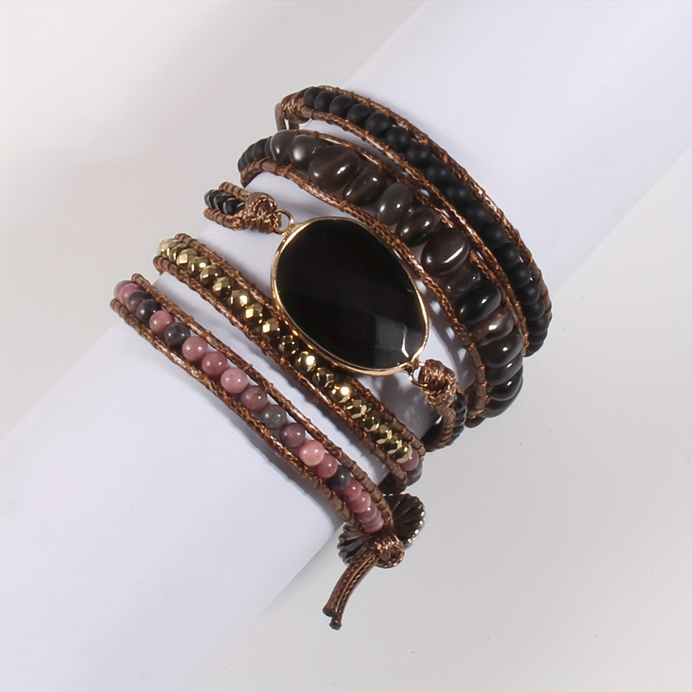 Bohemian Style Handmade Beaded Bracelet, Natural Stone Glass Wax Rope 5-Strand Wrap Bracelet for Women