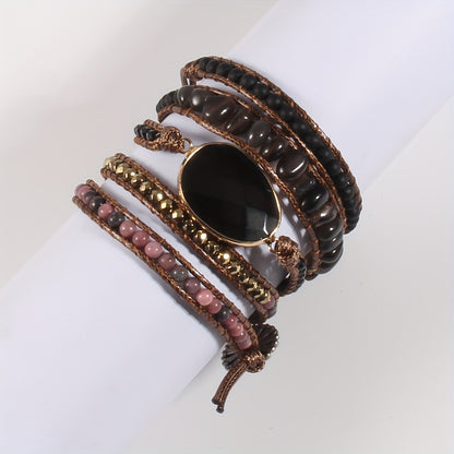 Bohemian Style Handmade Beaded Bracelet, Natural Stone Glass Wax Rope 5-Strand Wrap Bracelet for Women