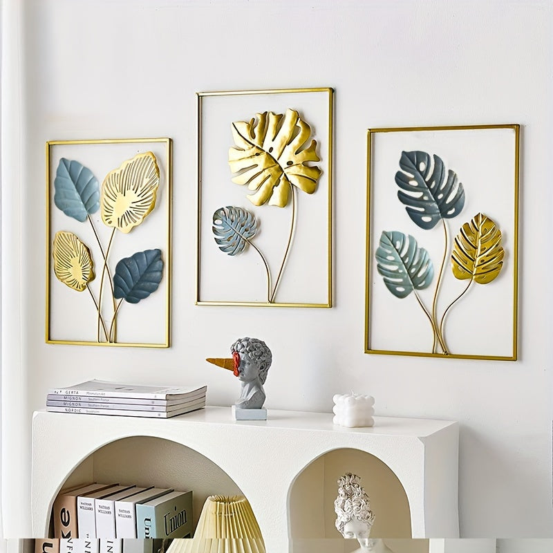 3pcs Mounted Metal Wall Decor, Thick Minimalist Metal Wall Art, Modern Metal Leaf Wall Hanging, Suitable For Sofa Backdrop Bedroom And Living Room, Golden Classic Style, No Frame, 43.94x 29.97 Cm