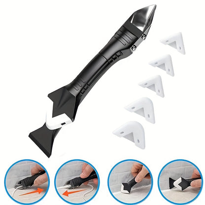 GOXAWEE 5-in-1 Silicone Caulking Tools, Sealant Finishing Tool Grout Remove Scraper With Stainless Steel Head, Caulk Remover Glass Glue Angle Scraper Including 5pcs Reuse And Replace Silicone Pads For Bathroom, Floor, Sink Jo