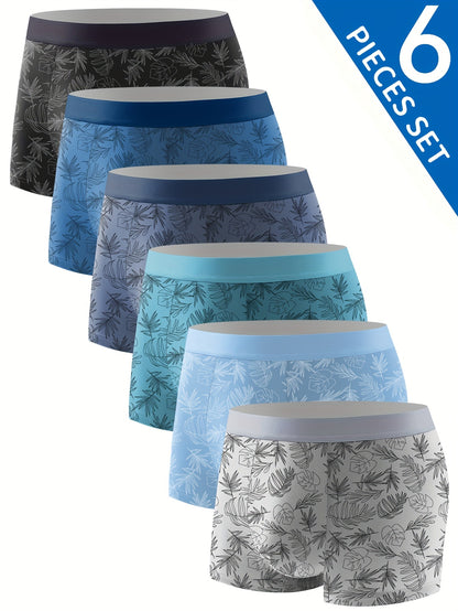 6pcs Men'S Boxer Briefs - Breathable Ice Sliky Fiber Fabric, Soft & Cool Comfort, Floral Pattern in Blue, Black, White, Light Blue, and Teal - Perfect for Casual Attire, Comfortable Underwear, Stylish Boxers, Highelasticity F