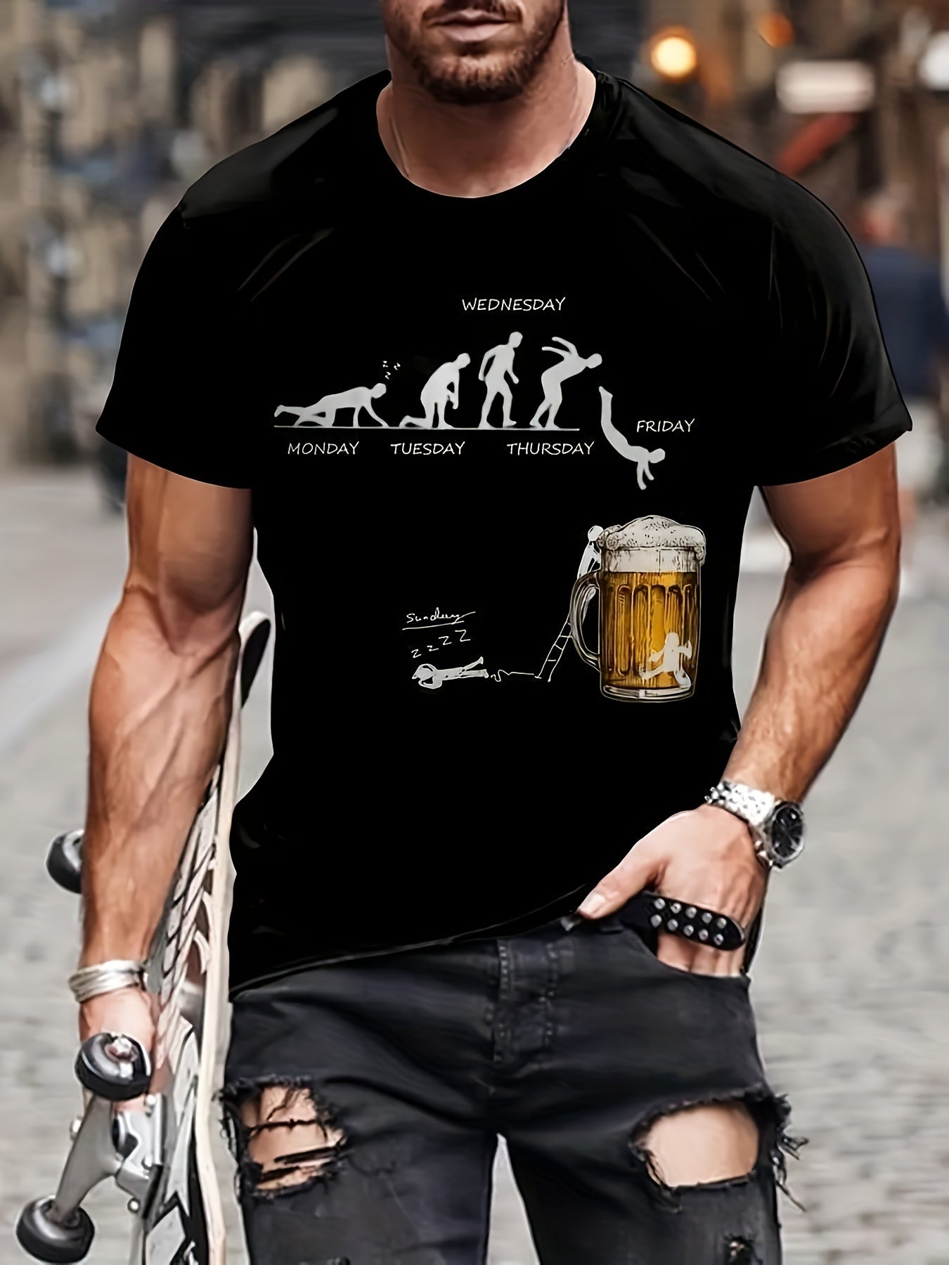 Men'S 100% Cotton Graphic T-Shirt - "Wednesday" Beer Mug Design, Casual Crew Neck, Short Sleeve, Regular Fit, 210g/㎡, Perfect for Barbecues & Parties, Party Tshirt | Playful Design | Durable Fabri