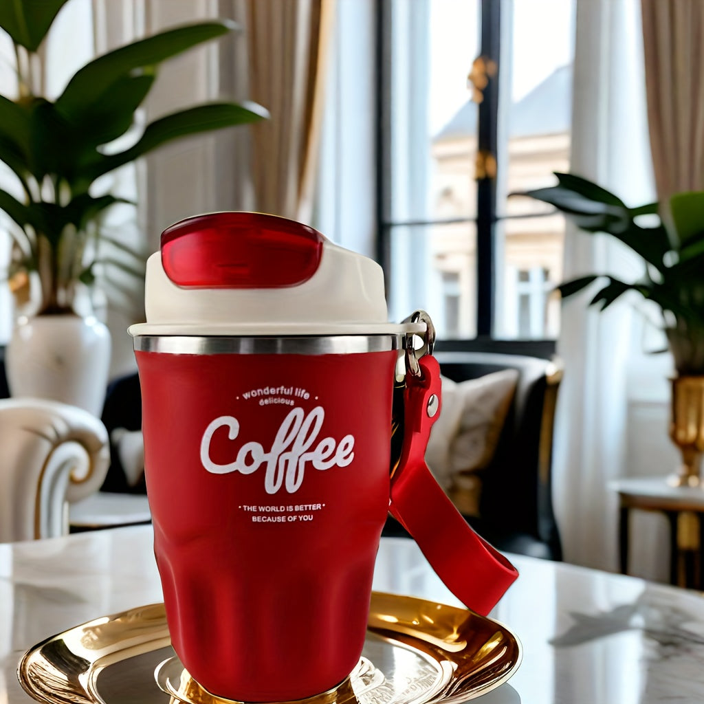 Caneca térmica elegante em aço inoxidável com pega de transporte - Portátil e resistente para aventuras ao ar livre.