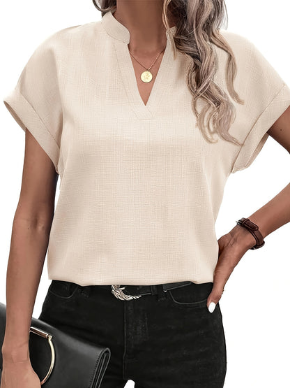 Solid Color V Neck Blouse, Casual Short Sleeve Top For Spring & Summer, Women's Clothing