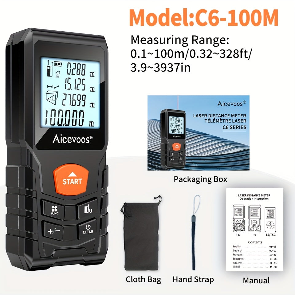 AICEVOOS High Precision Digital Laser Distance Meter, 50-120m Range, Battery-Powered, Rubber Casing, Electronic Measuring Tape for Industrial Measurement, Measurement Tool|Digital Distance Meter|Rubber Casing Tape