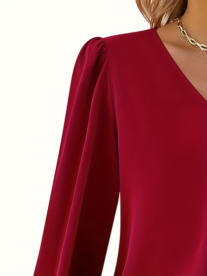 Solid V Neck Simple Blouse, Elegant Long Sleeve Ruched Blouse, Women's Clothing