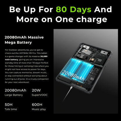 HOTWAV R9 Pro 11inch 2K FHD+Display Tablet, Android 14, 20080mAh 20GB (6GB+14GB Expandable)+256GB (2TB TF) Outdoor Tablet, 64MP Rear Main Camera, 16MP Front Camera, Octa-core/Dual SIM 4G, IP6X & IPX8 High Quality Tablet, Dual