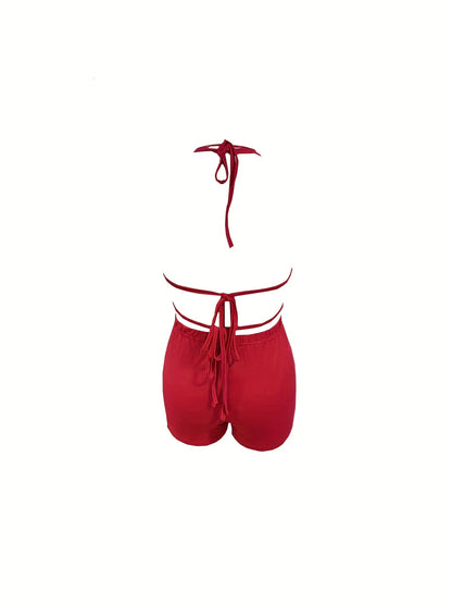 Sexy Solid Two-piece Set, Halter Neck Crop Top & Elastic Waist Shorts Outfits, Women's Clothing